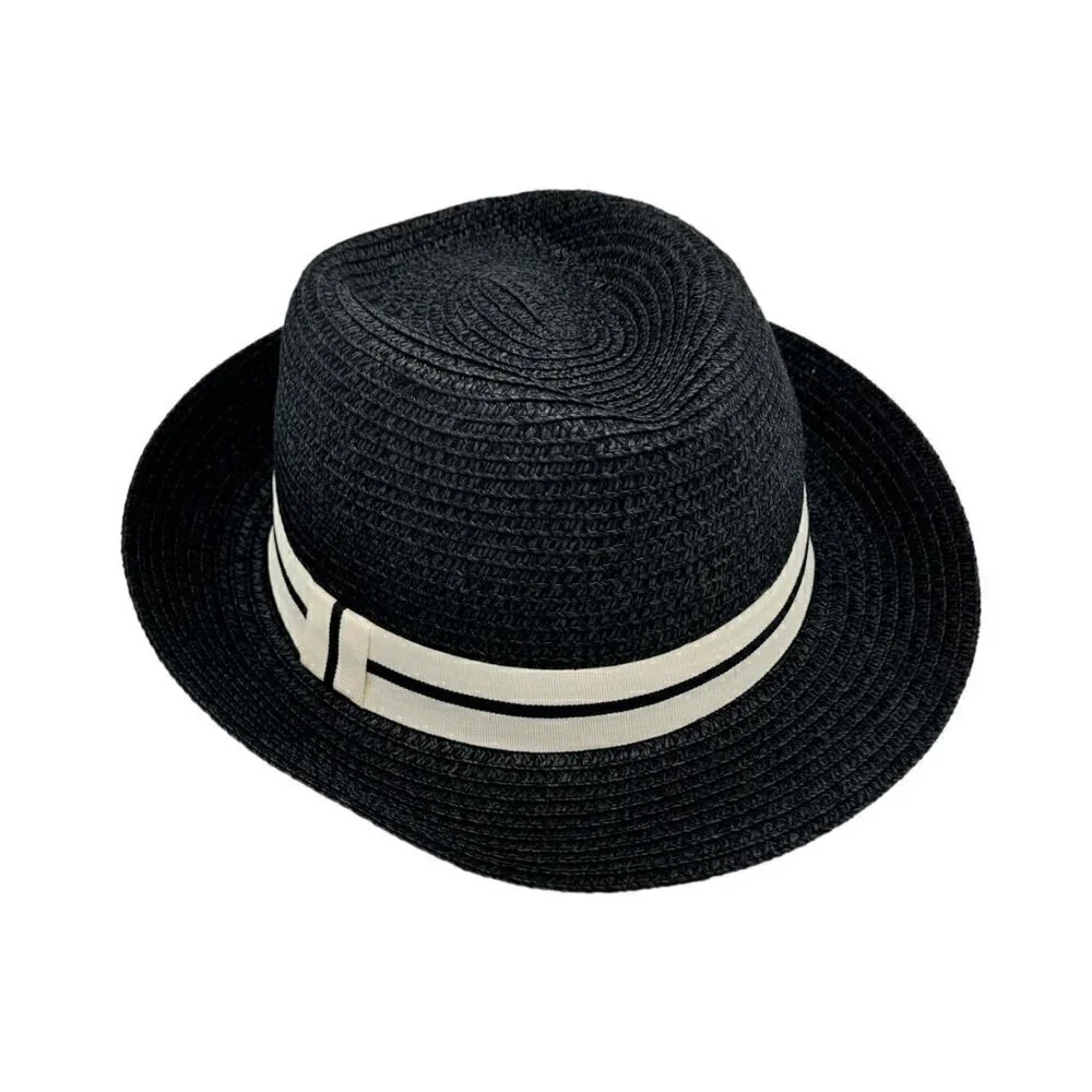 NWT Magid Hats Fedora Hat Black Straw White Ribbon Panama